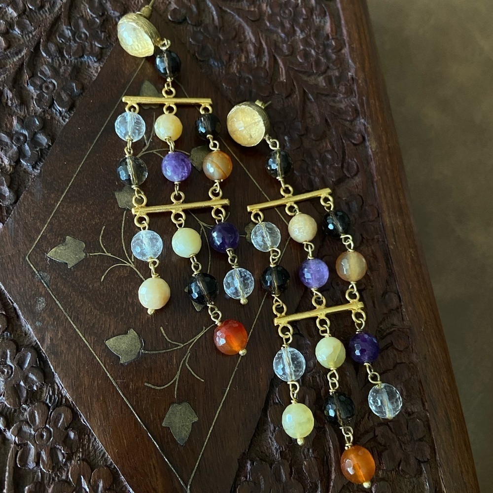 Chandelier Crystal Multicolor Dangle Earrings Moroccan Gold Plated Gems Handmade